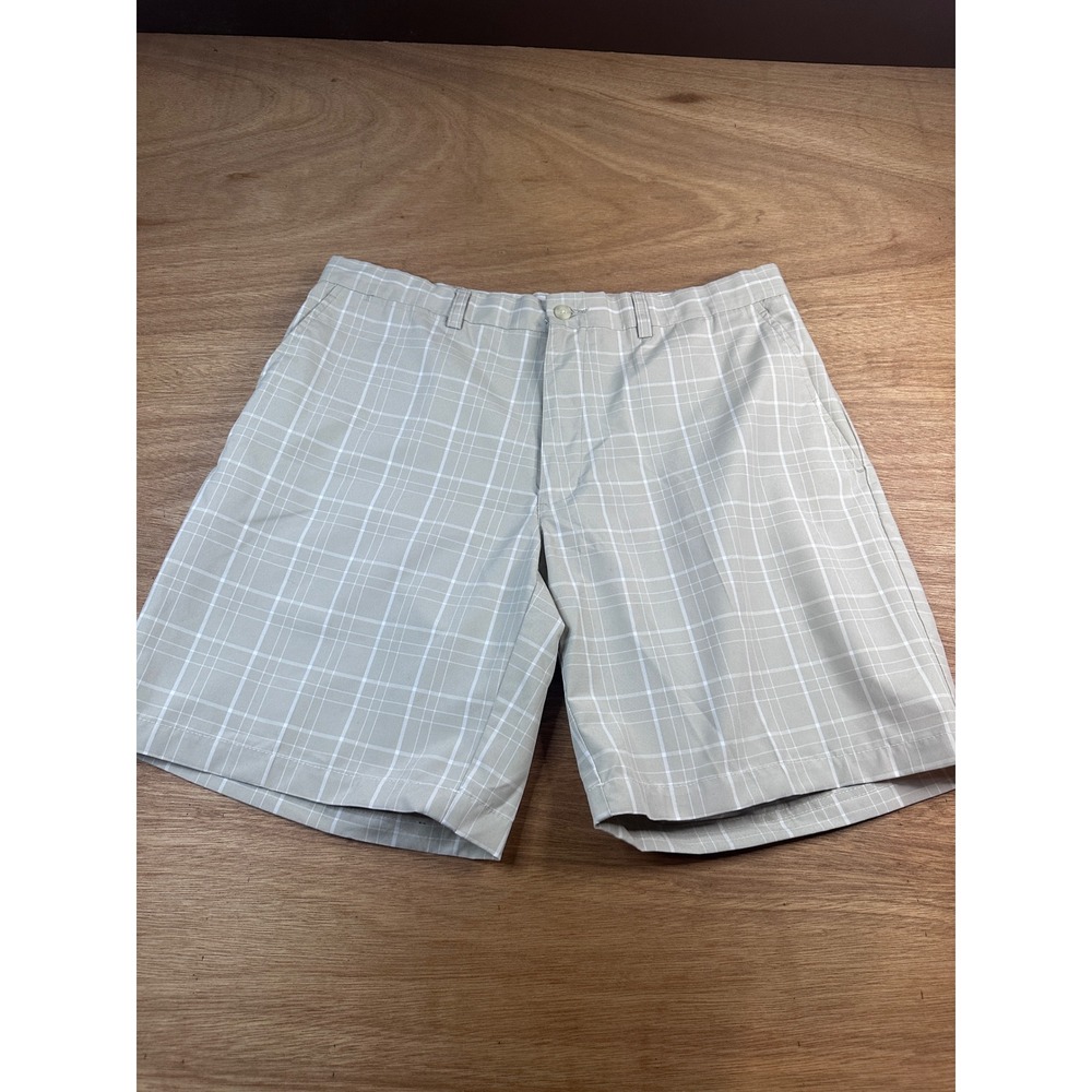 Champions Tour Golf Shorts Mens 34 Tan White Plaid Performance Flat Front
